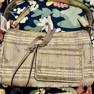 COACH DEMI SIGNATURE LOGO GOLD PURPLE TARTAN PLAID PRINT BAG 2 CHARMS & WRISTLET